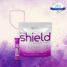 Load image into Gallery viewer, Zilis UltraShield hemp CBG immune support powder sticks, elderberry and echinacea, pomegranate hibiscus mint flavor