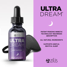 Load image into Gallery viewer, Zilis UltraDream sleep support supplement bottle with dropper, natural ingredients, moon and stars background
